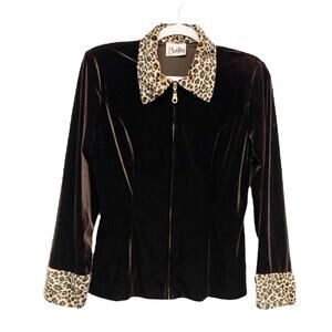 Vintage Sally Womens Brown Velvet Leopard Fur Trim Zip Up Jacket